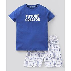 Pine Kids Half Sleeves Biowash T-Shirt & Shorts Nightwear Set Multi Print - Blue White