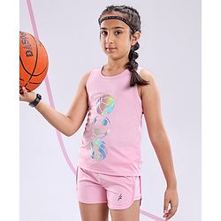 Pine Active Poly Lycra Knit Athleisure Sleeveless Top & Bottom Set Balls Printed - Pink