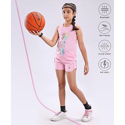 Pine Active Poly Lycra Knit Athleisure Sleeveless Top & Bottom Set Balls Printed - Pink