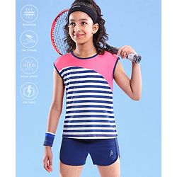 Pine Active Stretchable Sleeveless T-Shirt and Shorts Set Striped - Pink Blue