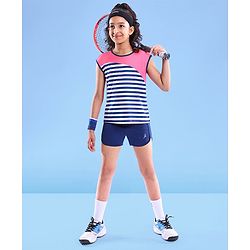 Pine Active Stretchable Sleeveless T-Shirt and Shorts Set Striped - Pink Blue