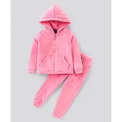 Pine Kids Full Sleeves Velour Set with Hoodie and Trouser - Pink