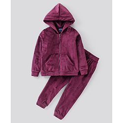 Pine Kids Full Sleeves Velour Set with Hoodie and Trouser - Purple
