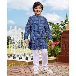Pine Kids Full Sleeve Boys Kurta Pyjama Set with Cotton Lining Self Printed - Blue Sapphire