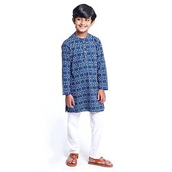 Pine Kids Full Sleeve Boys Kurta Pyjama Set with Cotton Lining Self Printed - Blue Sapphire