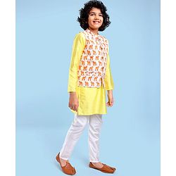 Pine Kids Full Sleeves Kurta Pyjama Set with Camel Printed Nehru Jacket & Mask - Light Yellow