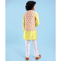 Pine Kids Full Sleeves Kurta Pyjama Set with Camel Printed Nehru Jacket & Mask - Light Yellow