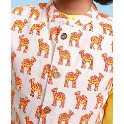 Pine Kids Full Sleeves Kurta Pyjama Set with Camel Printed Nehru Jacket & Mask - Light Yellow