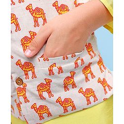 Pine Kids Full Sleeves Kurta Pyjama Set with Camel Printed Nehru Jacket & Mask - Light Yellow