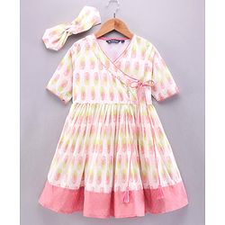Pine Kids Three Fourth Sleeves Ethnic Dress with Head Band - White