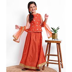 Pine Kids Sleeveless Embroidered Choli With Gold Print Lehenga And Mesh Dupatta - Orange