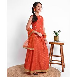 Pine Kids Sleeveless Embroidered Choli With Gold Print Lehenga And Mesh Dupatta - Orange