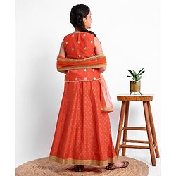 Pine Kids Sleeveless Embroidered Choli With Gold Print Lehenga And Mesh Dupatta - Orange