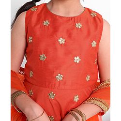 Pine Kids Sleeveless Embroidered Choli With Gold Print Lehenga And Mesh Dupatta - Orange