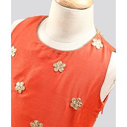 Pine Kids Sleeveless Embroidered Choli With Gold Print Lehenga And Mesh Dupatta - Orange