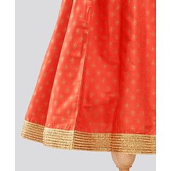 Pine Kids Sleeveless Embroidered Choli With Gold Print Lehenga And Mesh Dupatta - Orange