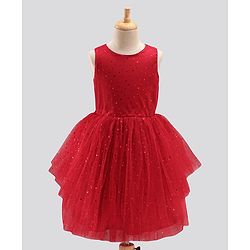 Pine Kids Biowash Party Wear Sleeveless Frock Foil Detailing - Red