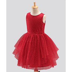 Pine Kids Biowash Party Wear Sleeveless Frock Foil Detailing - Red