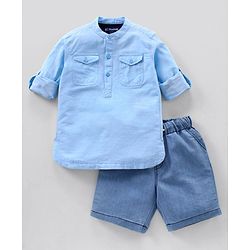 Pine Kids Half Sleeves Biowashed Solid T-Shirt and Shorts Set - Blue