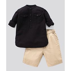 Pine Kids Full Sleeve Solid Kurta Shirt and Shorts Set Softener Wash - Black Beige