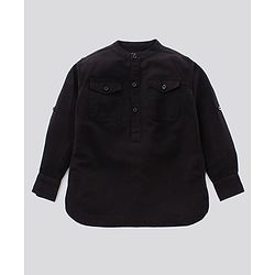 Pine Kids Full Sleeve Solid Kurta Shirt and Shorts Set Softener Wash - Black Beige