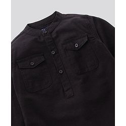 Pine Kids Full Sleeve Solid Kurta Shirt and Shorts Set Softener Wash - Black Beige