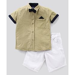 Pine Kids Half Sleeve Solid Shirt with Bow and Shorts Set Softener Wash - Olive White