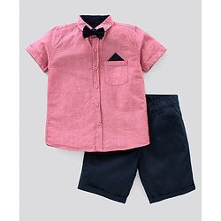 Pine Kids Half Sleeve Shirt and Shorts Set with Bow - Pink Navy