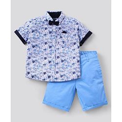 Pine Kids Half Sleeve Party Wear Shirt and Shorts Set with Bow Floral Print - Blue