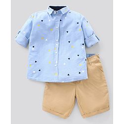 Pine Kids Full Sleeves Shirt with Shorts Set Softener Wash Triangles Print - Blue Beige