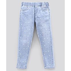 Pine Kids Full Length Jeggings with Enzyme Softner Wash Star Print- Light Blue
