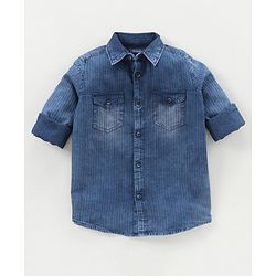 Pine Kids Full Sleeves Indigo Solid Shirt Enzyme Wash - Blue