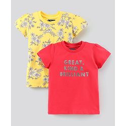 Pine Kids Half Sleeves Cotton Biowashed Top Floral Print - Yellow Red