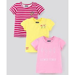 Pine Kids Half Sleeves Cotton Biowashed Foil Print Pack of 3 - Pink Yellow Red