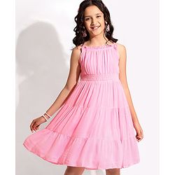 Pine Kids Singlet Sleeves Tiered Solid Frock - Pink