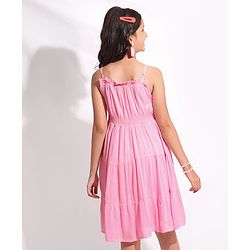 Pine Kids Singlet Sleeves Tiered Solid Frock - Pink