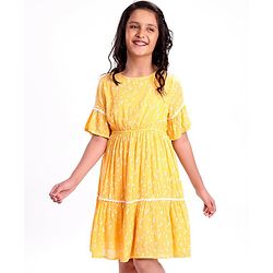 Pine Kids Half Sleeves Rayon Crinkled Dress Floral Print - Yellow
