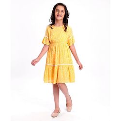 Pine Kids Half Sleeves Rayon Crinkled Dress Floral Print - Yellow