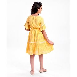 Pine Kids Half Sleeves Rayon Crinkled Dress Floral Print - Yellow