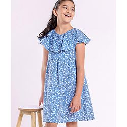 Pine Kids Flutter Sleeves Frock With Cotton Lining Printed- Blue
