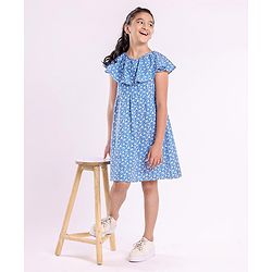 Pine Kids Flutter Sleeves Frock With Cotton Lining Printed- Blue