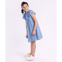 Pine Kids Flutter Sleeves Frock With Cotton Lining Printed- Blue