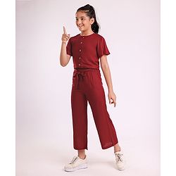 Pine Kids Half Sleeves Top & Palazzo Solid Summer Set - Maroon