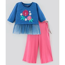 Pine Kids Biowashed Full Sleeves Top & Palazzos Set Floral Print & Sequins Applique - Pink Blue