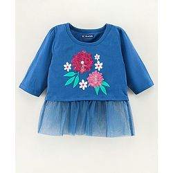 Pine Kids Biowashed Full Sleeves Top & Palazzos Set Floral Print & Sequins Applique - Pink Blue