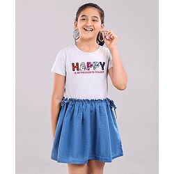 Pine Kids Half Sleeves Frock Happy Embellished - Blue Grey
