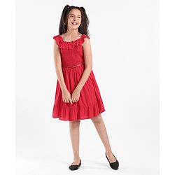 Pine Kids Sleeveless Solid Color Frock - Red
