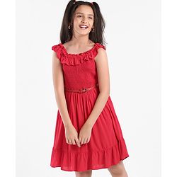 Pine Kids Sleeveless Solid Color Frock - Red