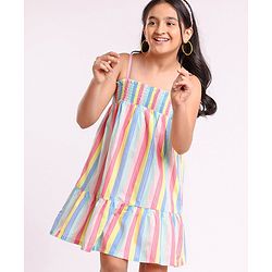Pine Kids Singlet Sleeves Striped Frock - Multicolour