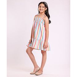 Pine Kids Singlet Sleeves Striped Frock - Multicolour